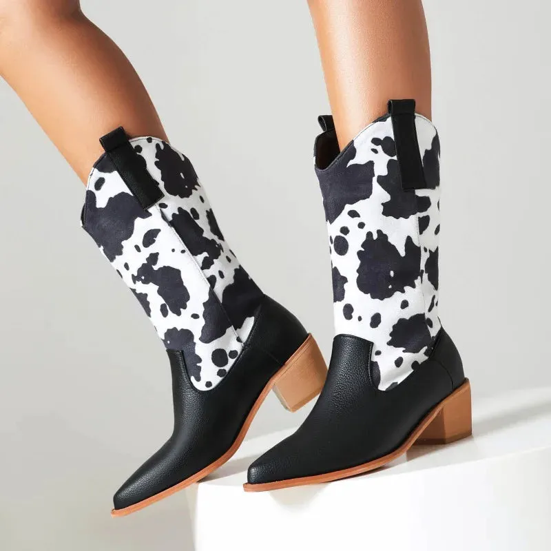 Amozae-2024 new autumn winter Women mid-calf boots plus size 22-26.5CM Milk streaks microfiber modern boots pointed toe western boots