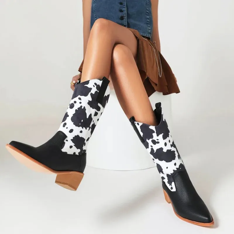 Amozae-2024 new autumn winter Women mid-calf boots plus size 22-26.5CM Milk streaks microfiber modern boots pointed toe western boots