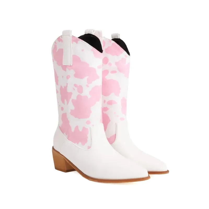 Amozae-2024 new autumn winter Women mid-calf boots plus size 22-26.5CM Milk streaks microfiber modern boots pointed toe western boots
