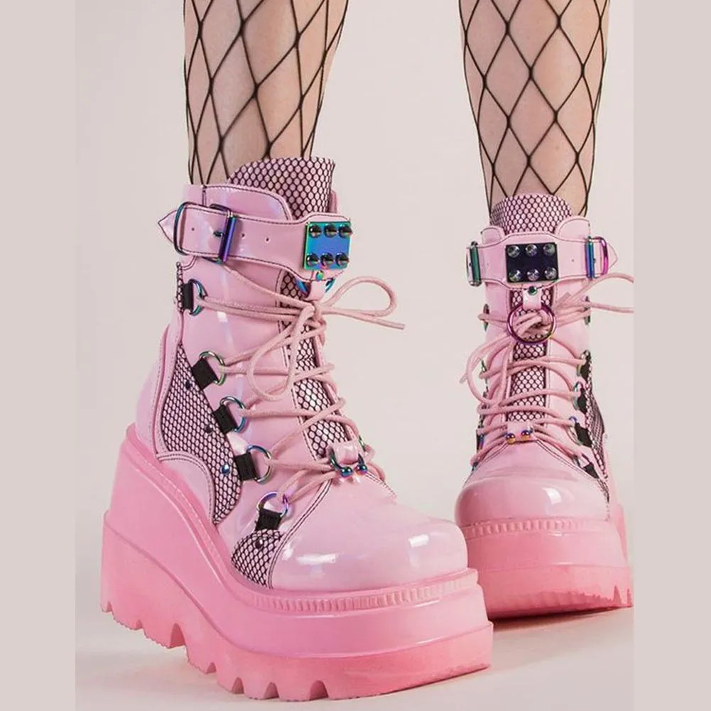 Amozae-Back to College DoraTasia Gothic Punk Street Women Ankle Boots Platform Wedges High Heels Short Boots New Fashion Design Rivet Cosplay Shoes
