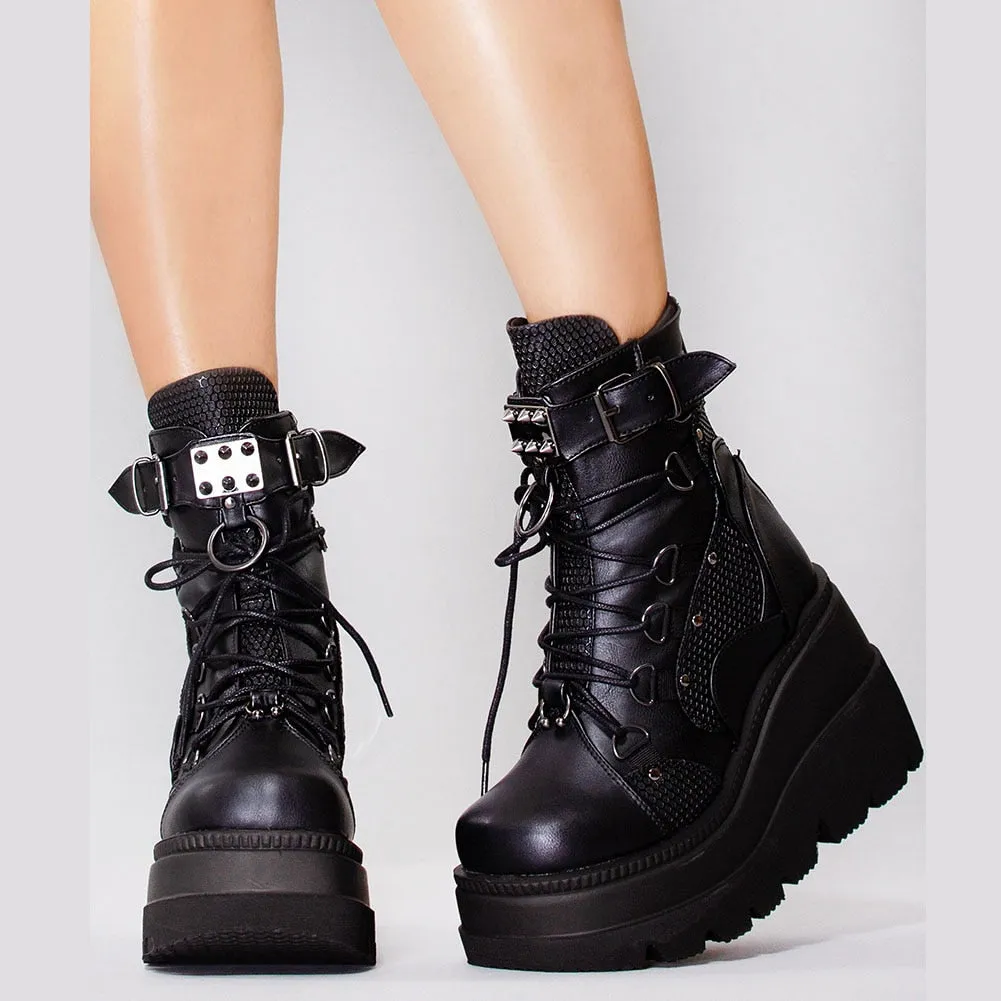 Amozae-Back to College DoraTasia Gothic Punk Street Women Ankle Boots Platform Wedges High Heels Short Boots New Fashion Design Rivet Cosplay Shoes