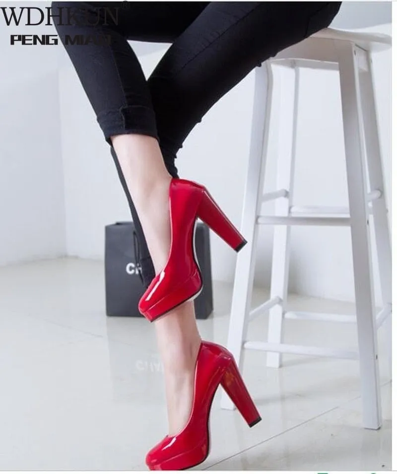 Amozae Hot Women Pumps Shoes Women PU Leather Shallow Slip-On Round Toe High Heels Wedding Party Derss Shoes Mujer Plus Size 34-42 New