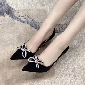Amozae-Women Pumps Fashion High Heel Pionted Toe Bowknot Ladies Party PU Shoes Autumn Slip On Shallow Female Footwear New Woman Comfort