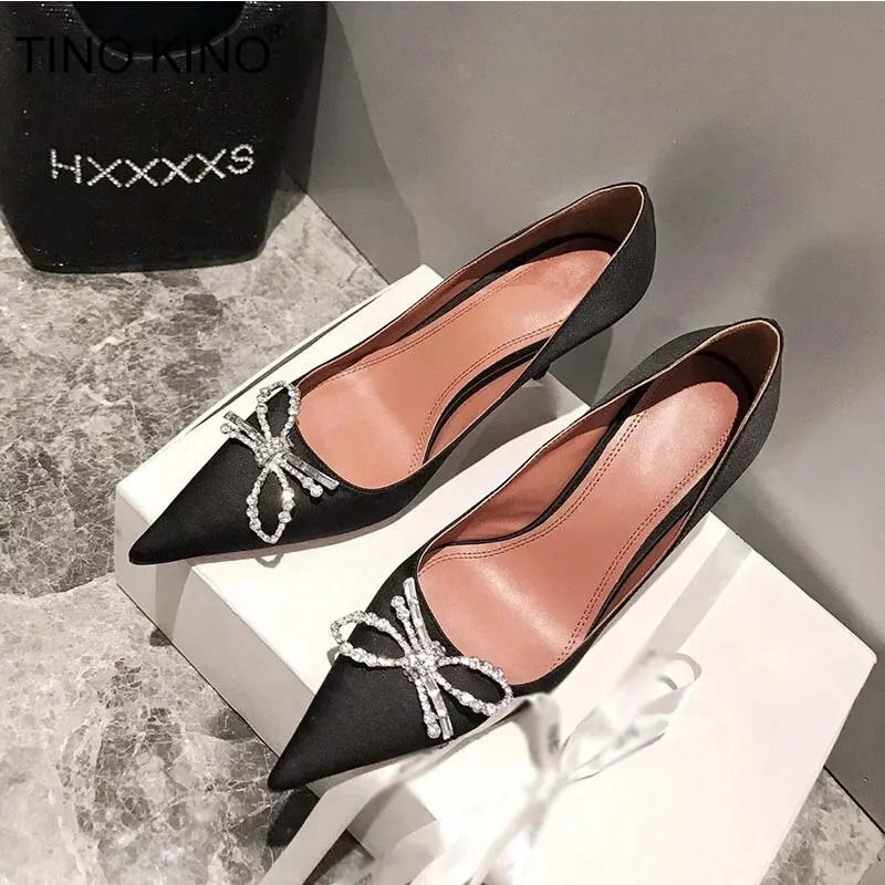 Amozae-Women Pumps Fashion High Heel Pionted Toe Bowknot Ladies Party PU Shoes Autumn Slip On Shallow Female Footwear New Woman Comfort