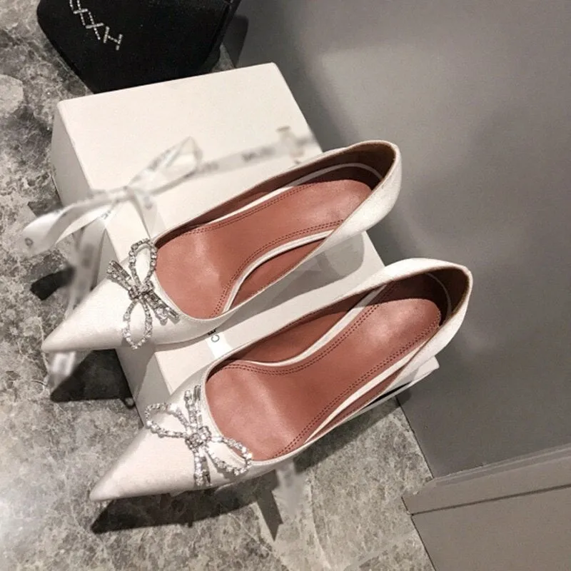 Amozae-Women Pumps Fashion High Heel Pionted Toe Bowknot Ladies Party PU Shoes Autumn Slip On Shallow Female Footwear New Woman Comfort