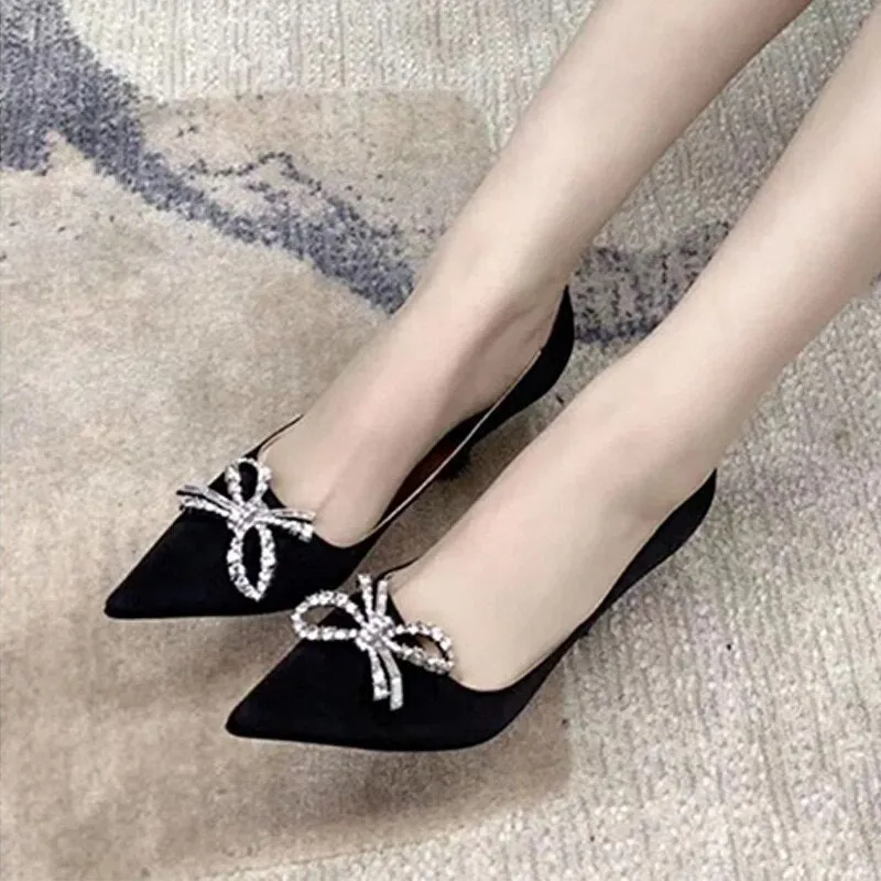 Amozae-Women Pumps Fashion High Heel Pionted Toe Bowknot Ladies Party PU Shoes Autumn Slip On Shallow Female Footwear New Woman Comfort