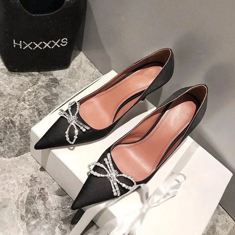 Amozae-Women Pumps Fashion High Heel Pionted Toe Bowknot Ladies Party PU Shoes Autumn Slip On Shallow Female Footwear New Woman Comfort