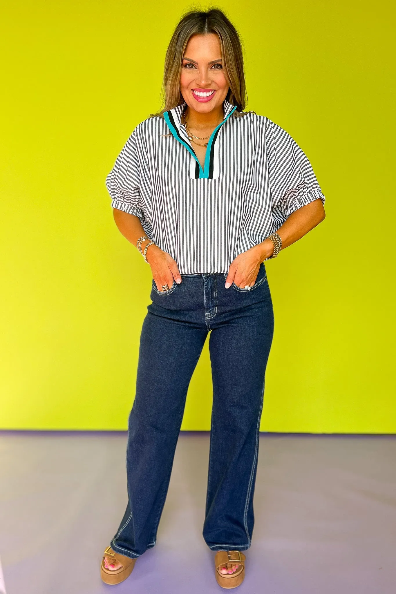 Black Seersucker Contrast Stripe Collar Neckline Top *FINAL SALE*