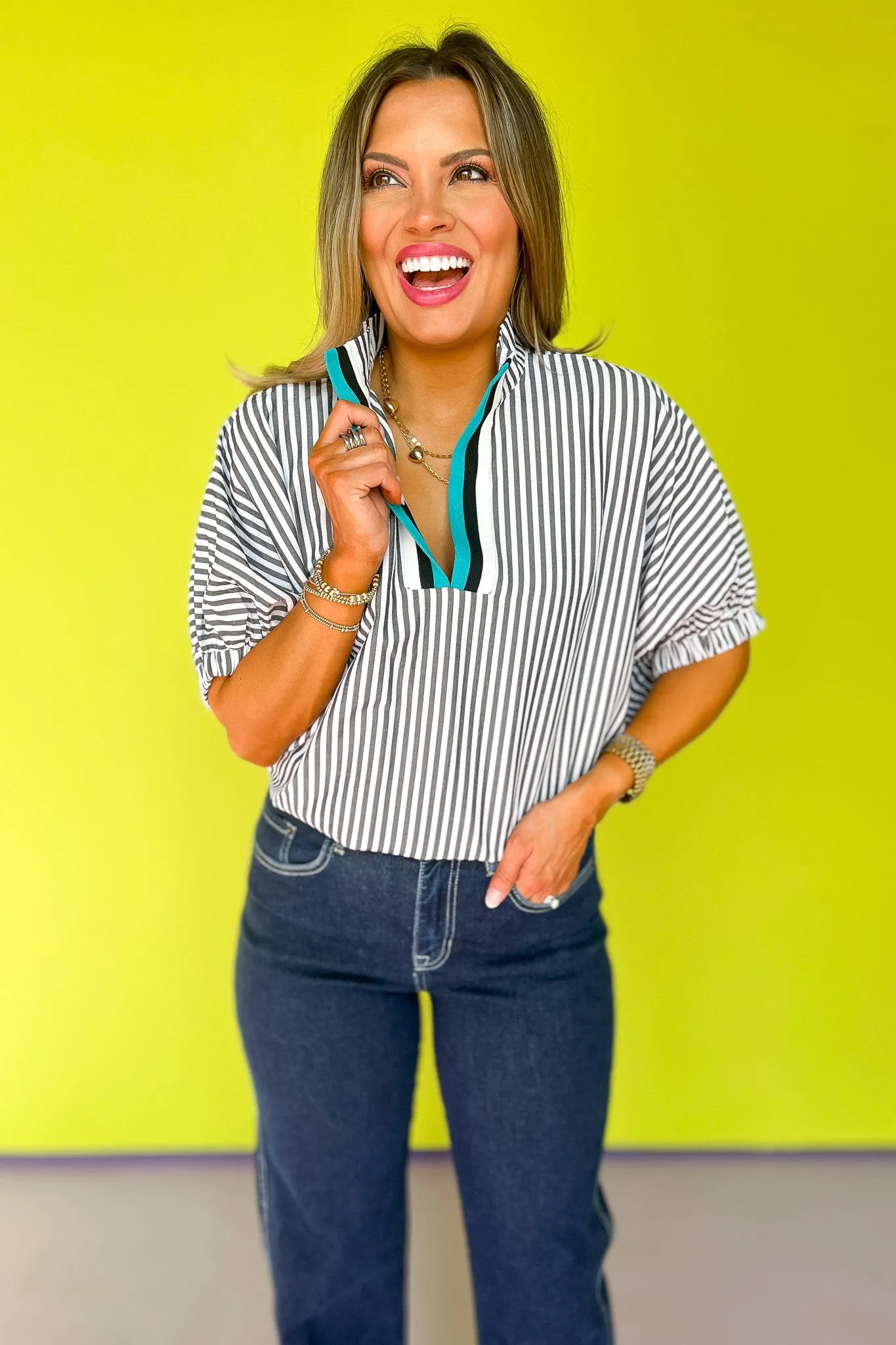 Black Seersucker Contrast Stripe Collar Neckline Top *FINAL SALE*