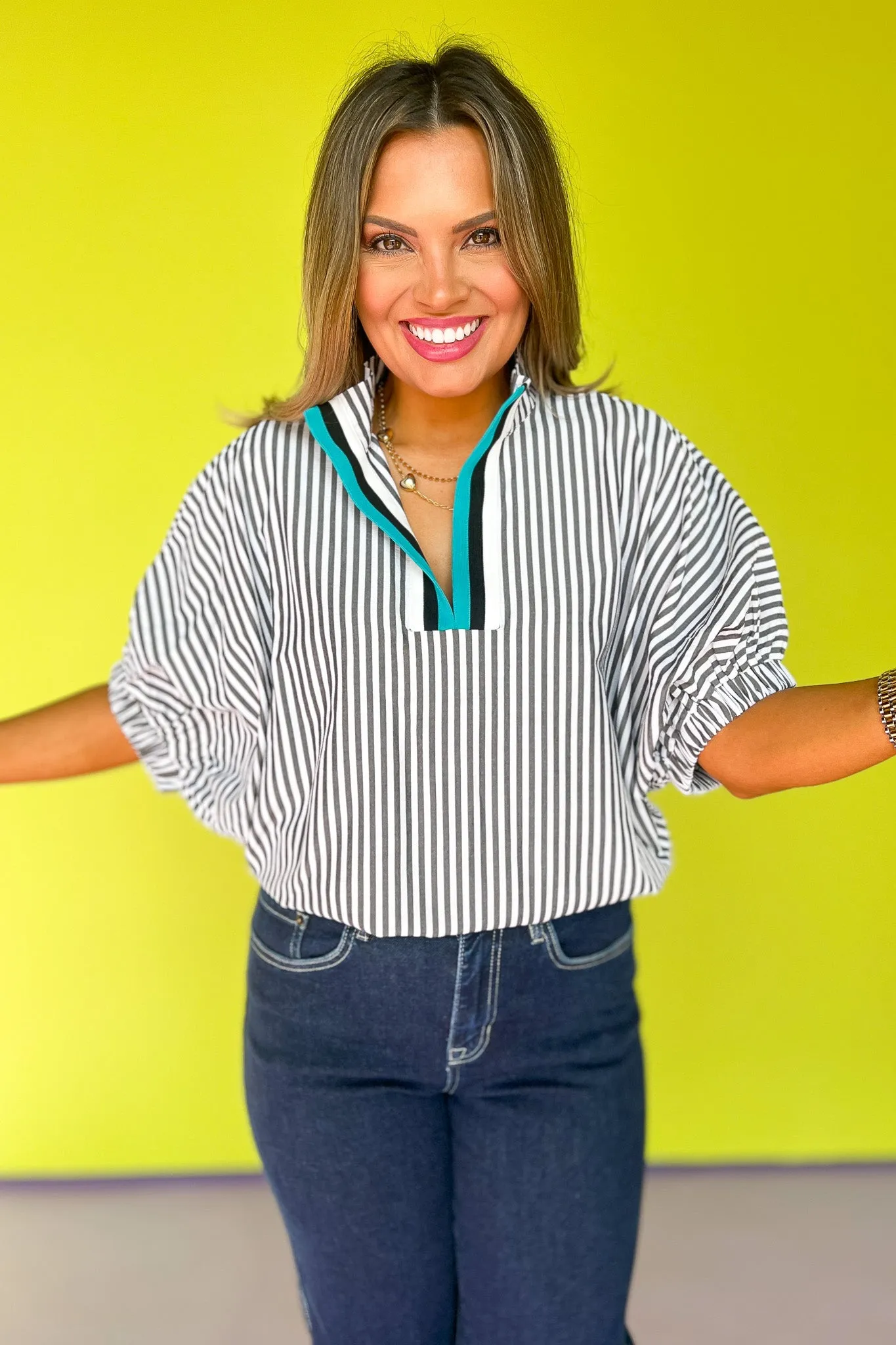 Black Seersucker Contrast Stripe Collar Neckline Top *FINAL SALE*