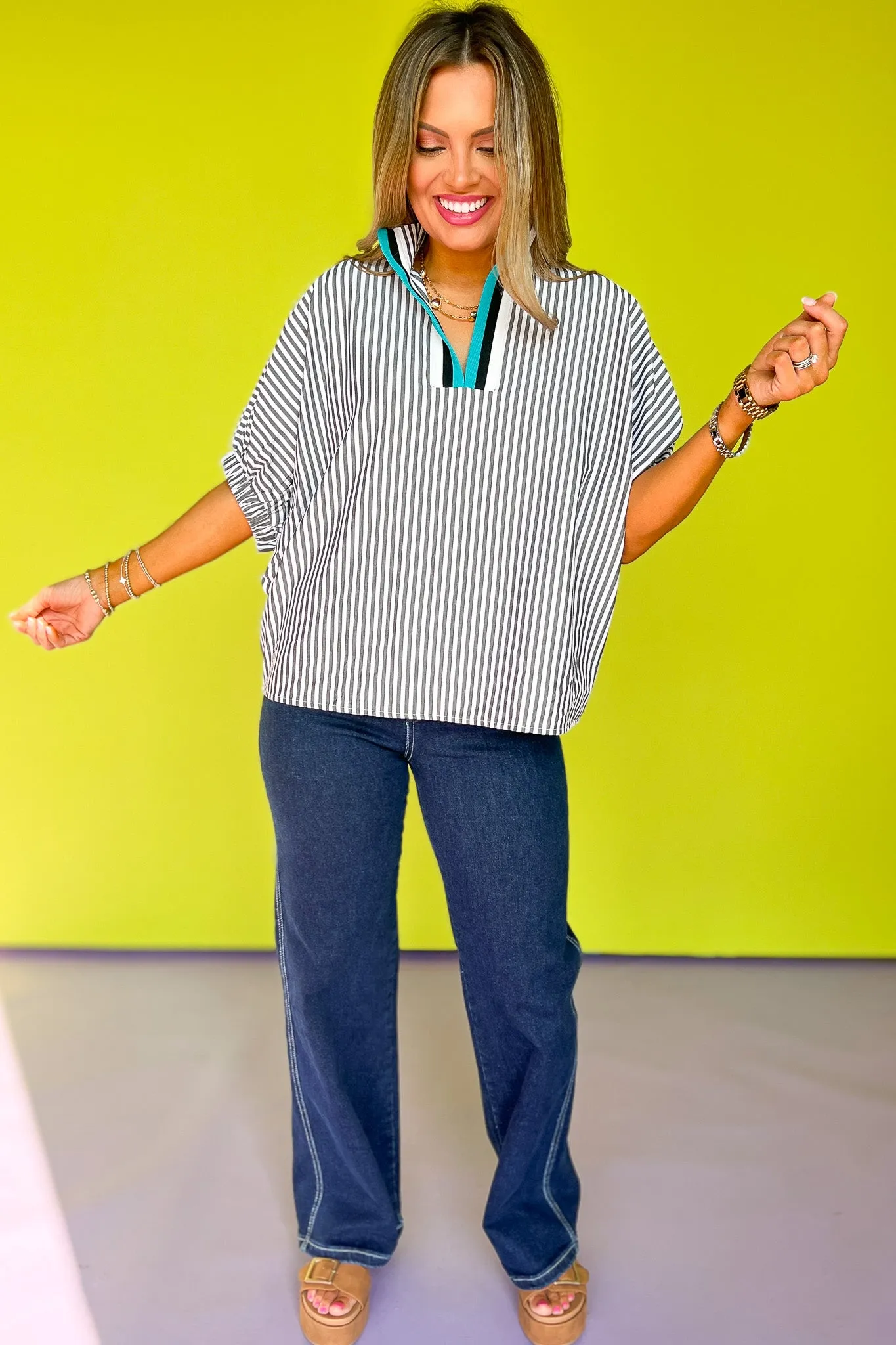 Black Seersucker Contrast Stripe Collar Neckline Top *FINAL SALE*