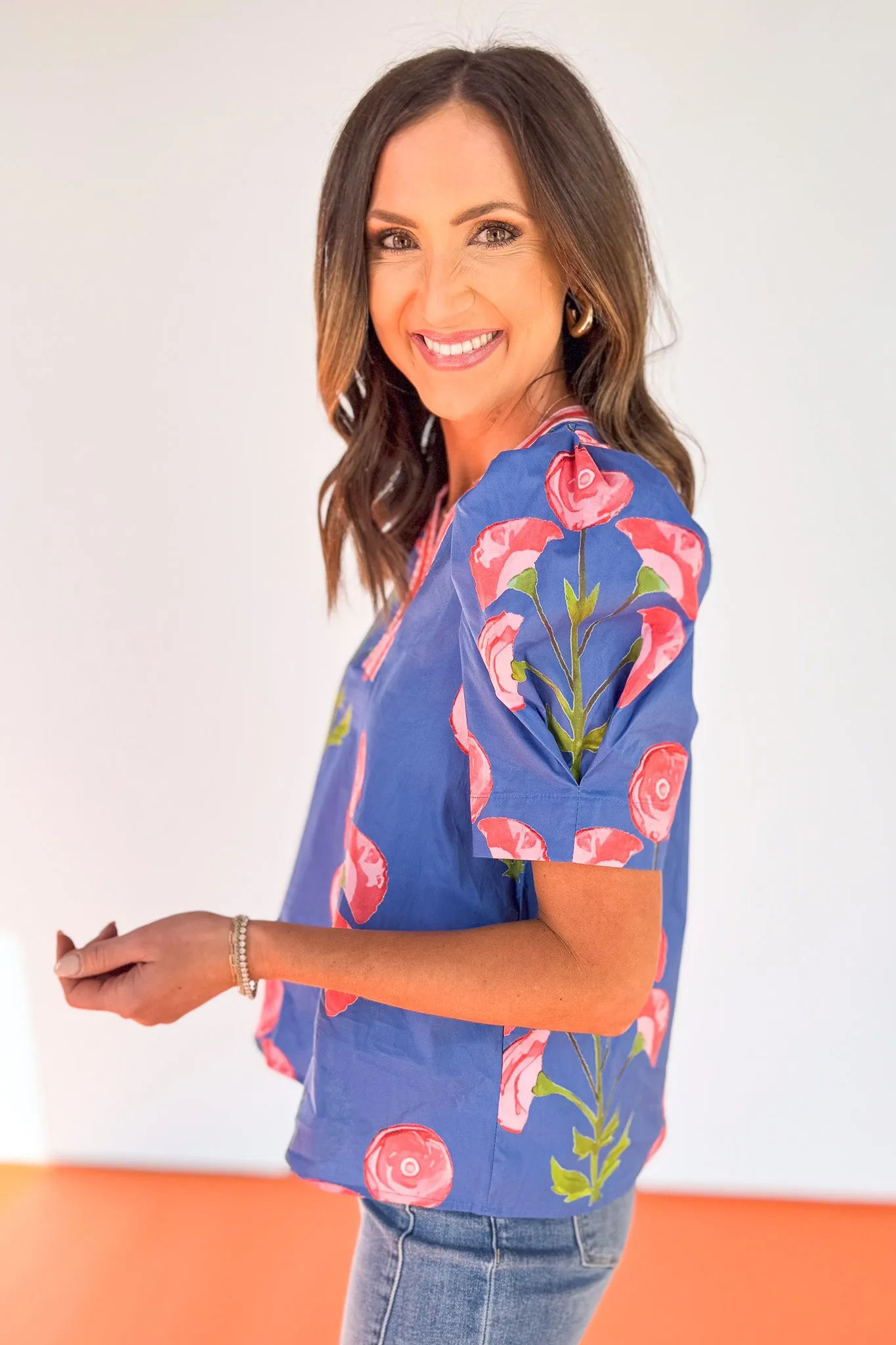 Blue Floral Print Contrast Stripe V Neck Puff Sleeve Top