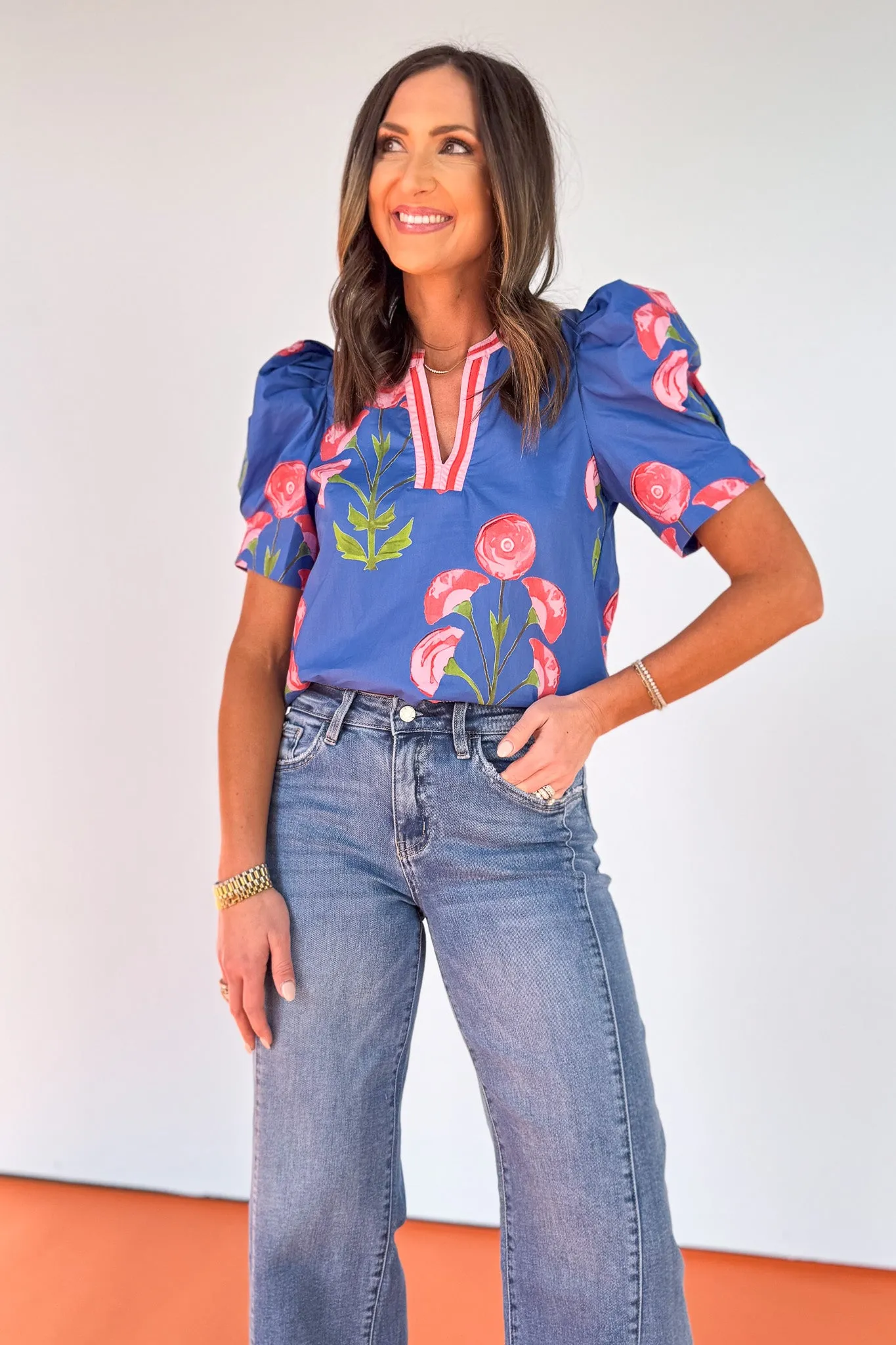 Blue Floral Print Contrast Stripe V Neck Puff Sleeve Top