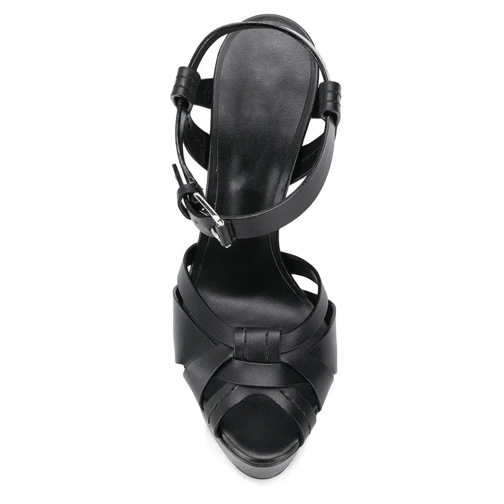 Buckle Black Pu large European and American foreign trade round head fashion sandals thin high heel waterproof table banquet sandals