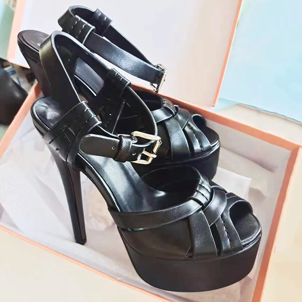 Buckle Black Pu large European and American foreign trade round head fashion sandals thin high heel waterproof table banquet sandals