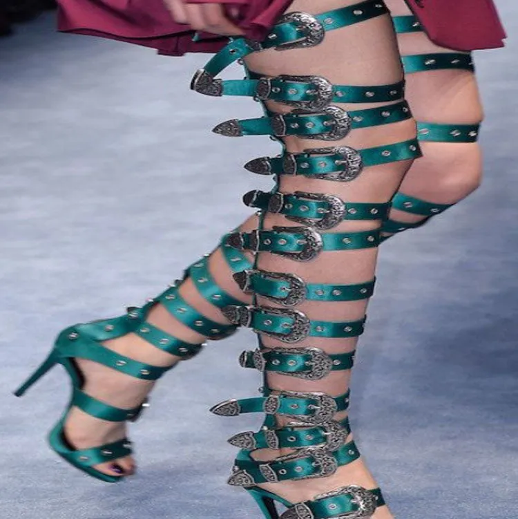 Buckle Leather High Heel Over Knee Sandals
