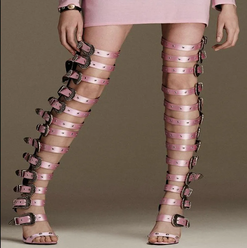 Buckle Leather High Heel Over Knee Sandals