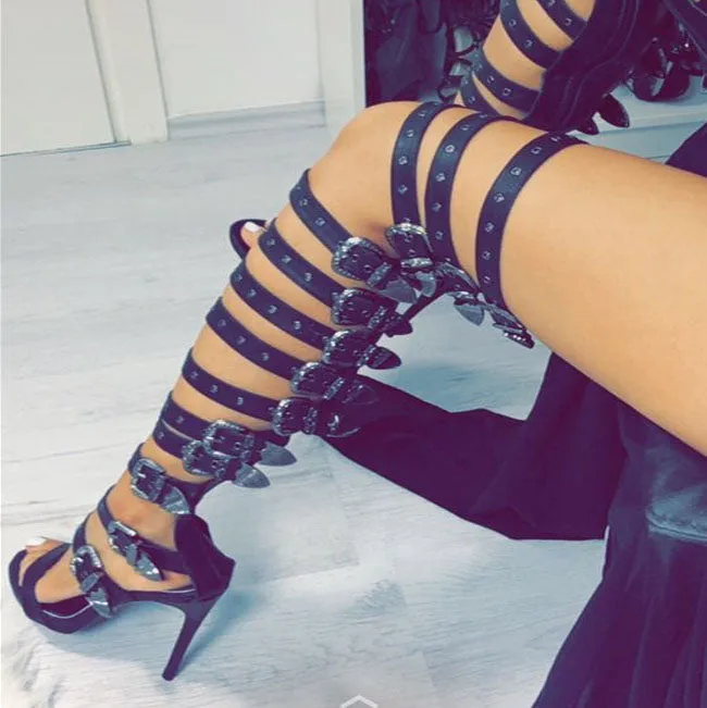 Buckle Leather High Heel Over Knee Sandals