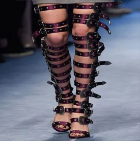 Buckle Leather High Heel Over Knee Sandals