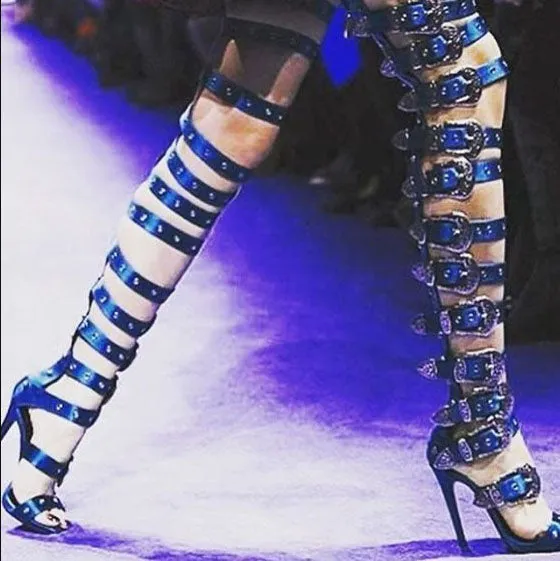 Buckle Leather High Heel Over Knee Sandals