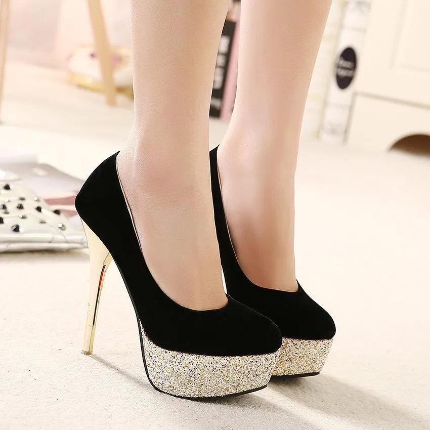 Clearance Sequins Round Toe Platform Super High Stiletto Heels Prom Shoes