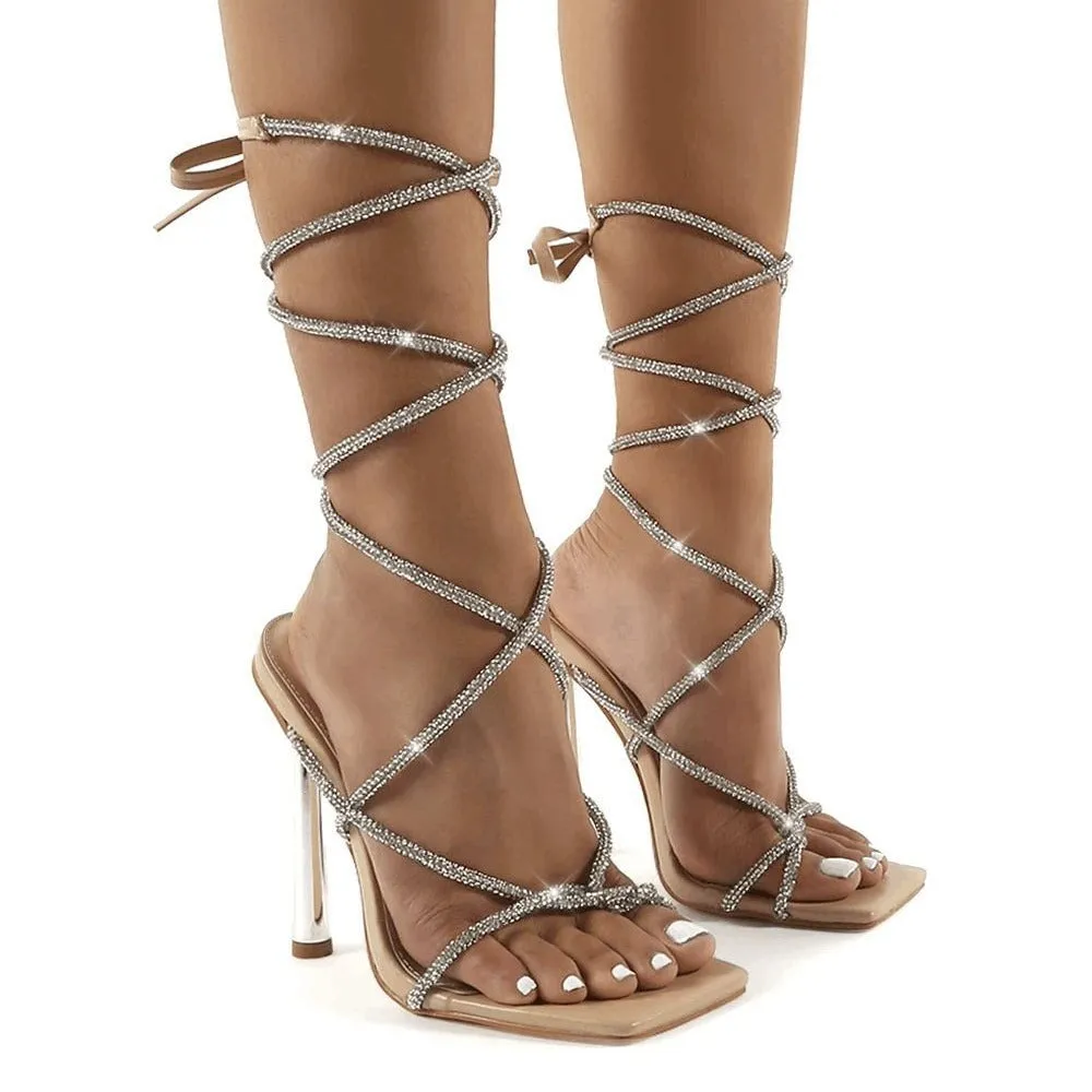 Cross Strap Rhinestone Thick Heel Square Sandals
