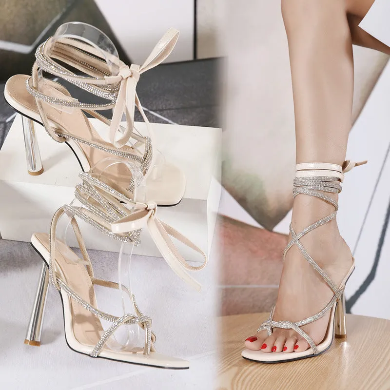 Cross Strap Rhinestone Thick Heel Square Sandals