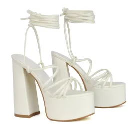 Estelle Lace Up Platform Chunky Sole Block Strappy High Heels in White Synthetic Leather