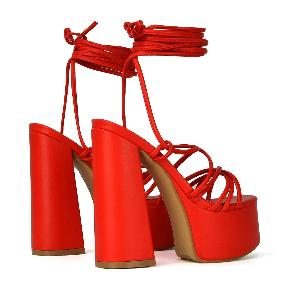 Estelle Lace Up Platform Chunky Sole Block Strappy High Heels in White Synthetic Leather