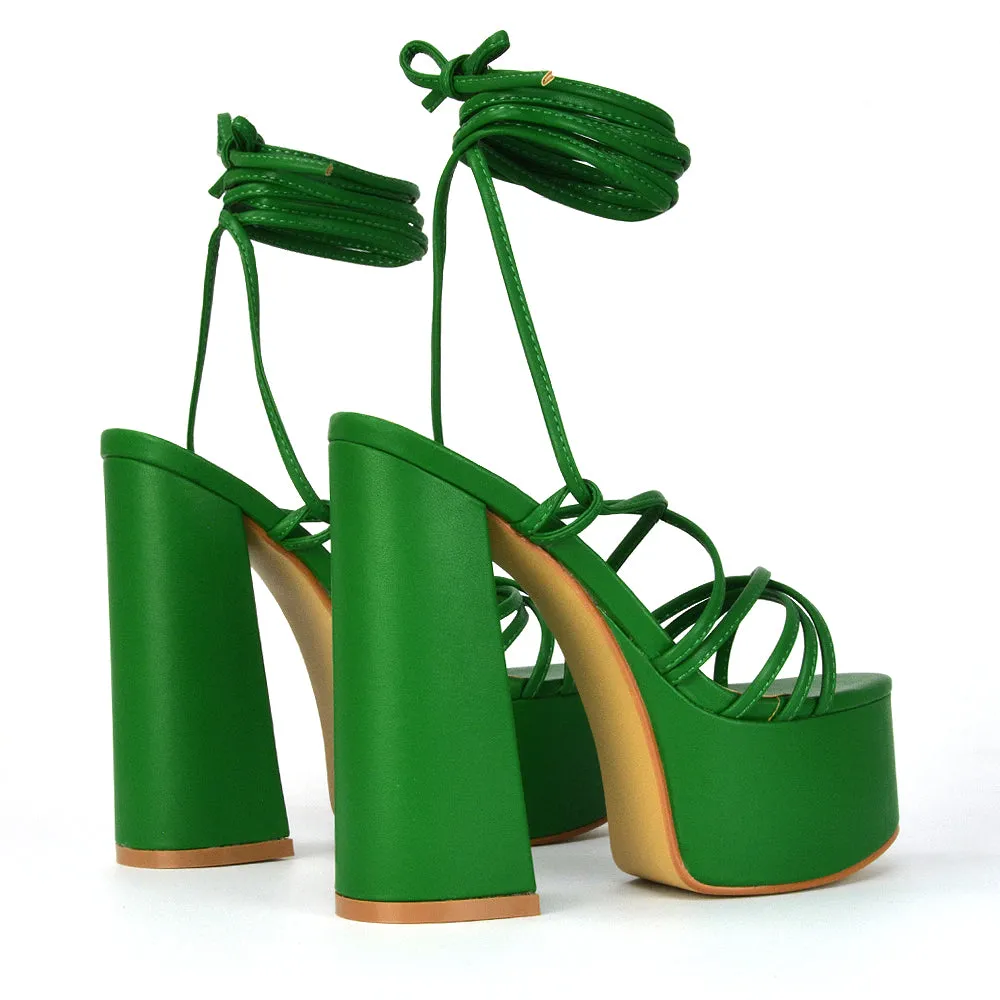 Estelle Lace Up Platform Chunky Sole Block Strappy High Heels in White Synthetic Leather