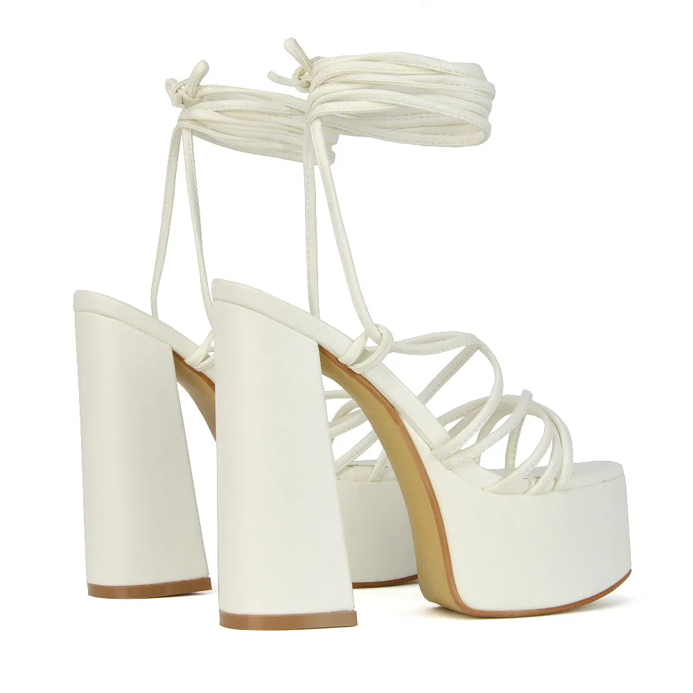 Estelle Lace Up Platform Chunky Sole Block Strappy High Heels in White Synthetic Leather