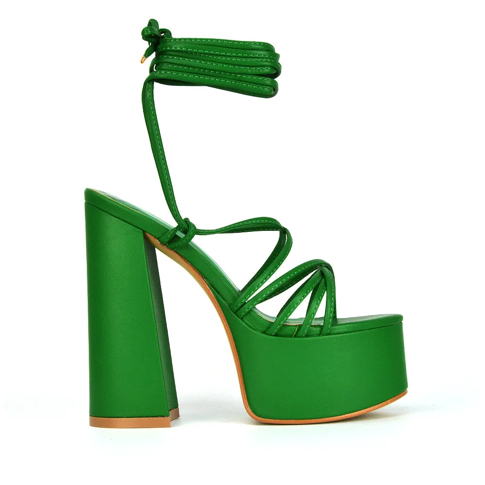 Estelle Lace Up Platform Chunky Sole Block Strappy High Heels in White Synthetic Leather