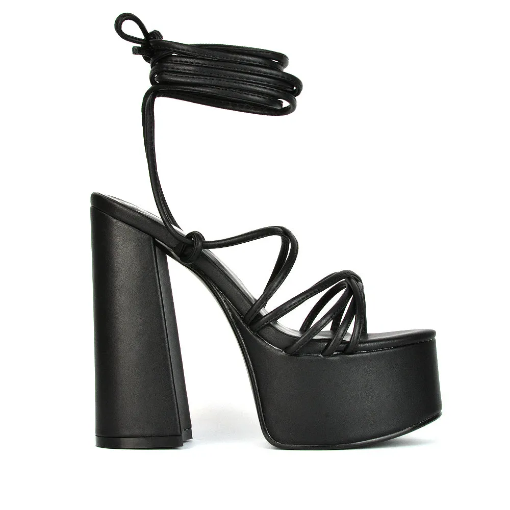 Estelle Lace Up Platform Chunky Sole Block Strappy High Heels in White Synthetic Leather