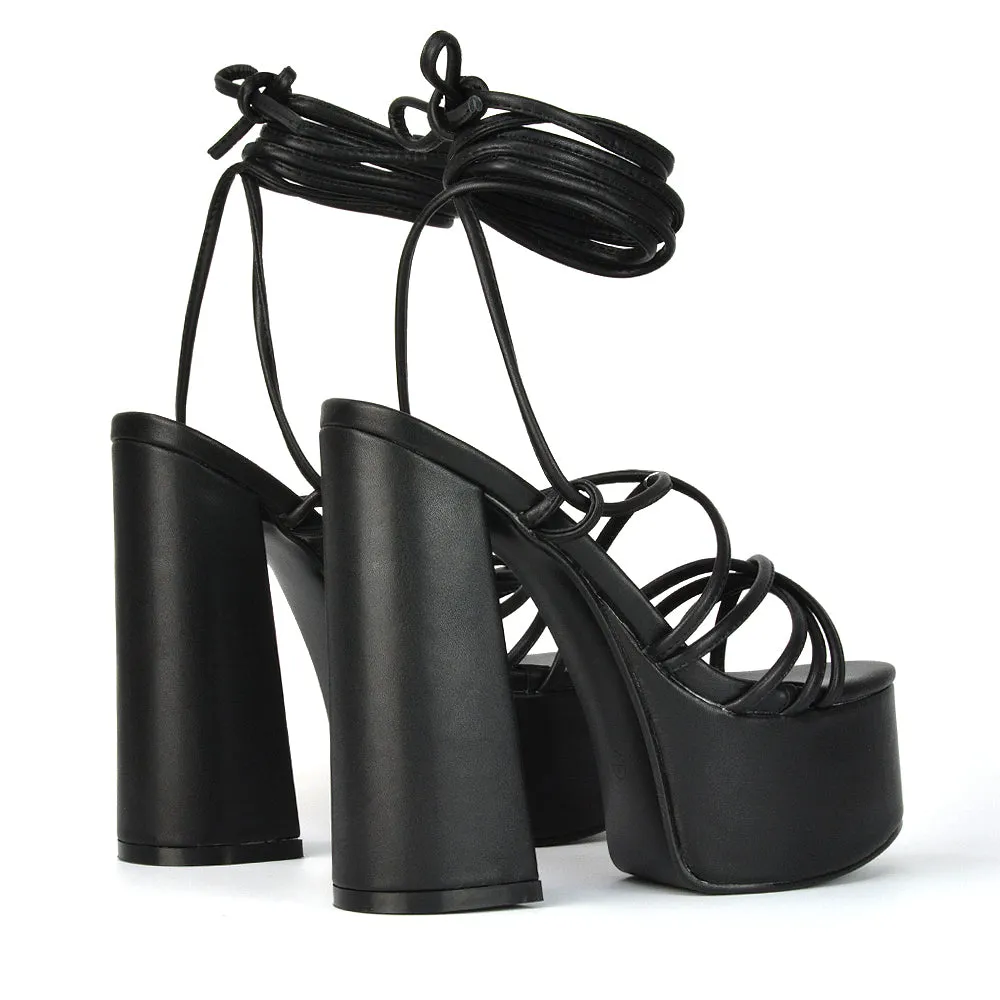 Estelle Lace Up Platform Chunky Sole Block Strappy High Heels in White Synthetic Leather