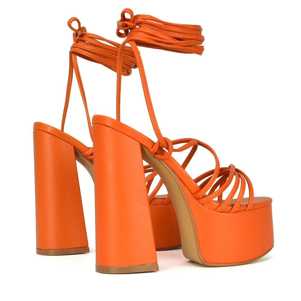 Estelle Lace Up Platform Chunky Sole Block Strappy High Heels in White Synthetic Leather