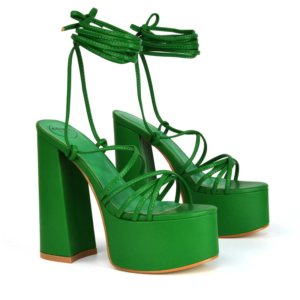 Estelle Lace Up Platform Chunky Sole Block Strappy High Heels in White Synthetic Leather