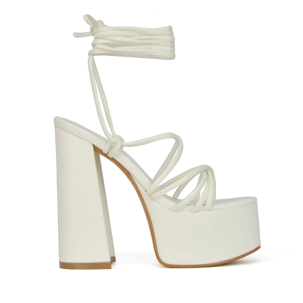 Estelle Lace Up Platform Chunky Sole Block Strappy High Heels in White Synthetic Leather