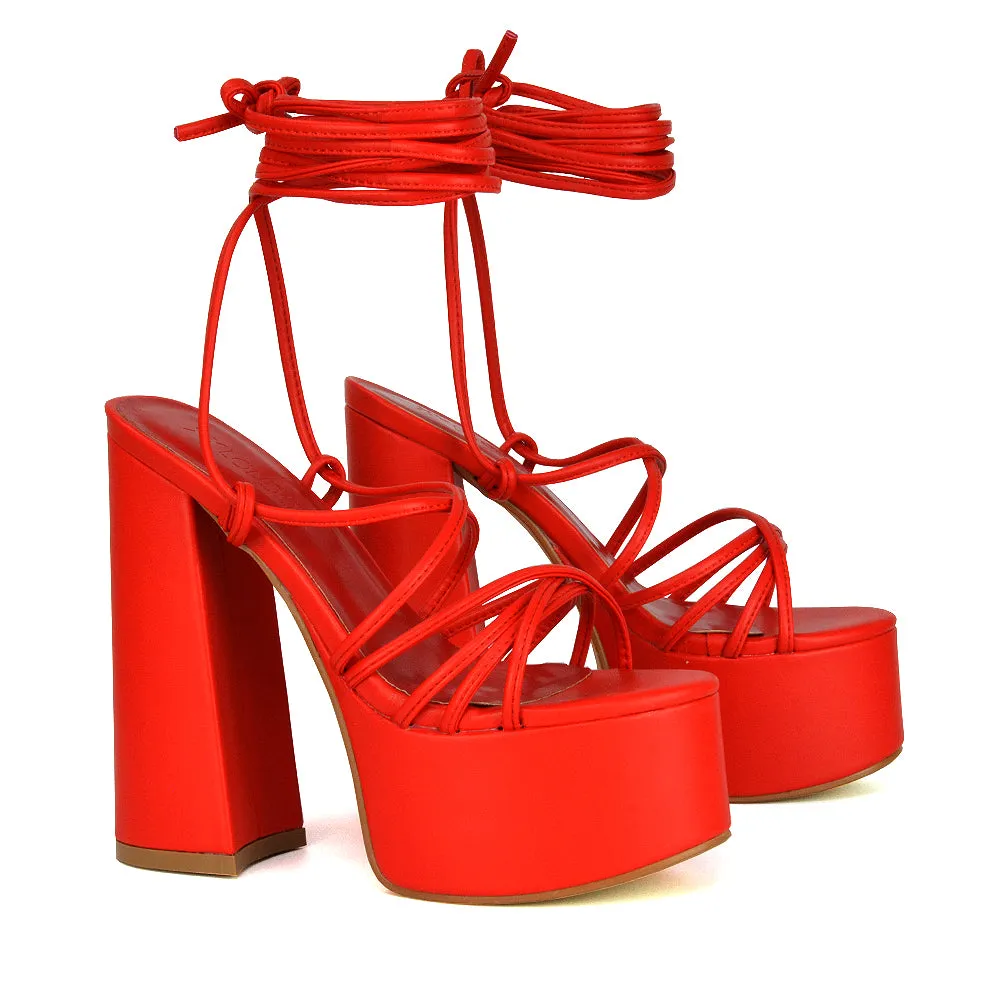 Estelle Lace Up Platform Chunky Sole Block Strappy High Heels in White Synthetic Leather