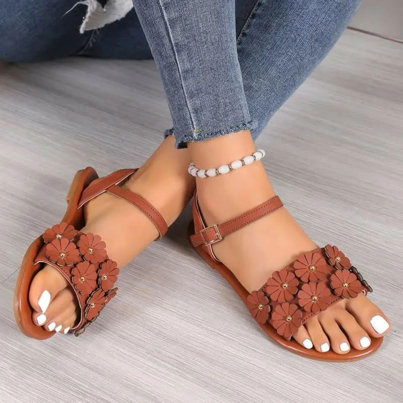 Floral Design Summer Flat Sandals for Ladies in Faux Leather