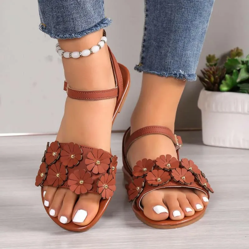 Floral Design Summer Flat Sandals for Ladies in Faux Leather