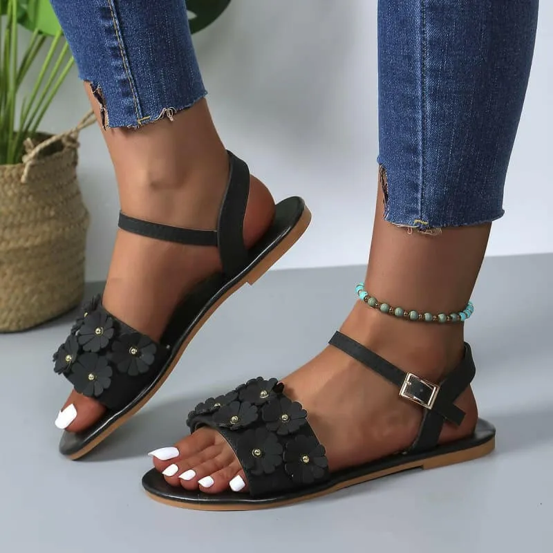 Floral Design Summer Flat Sandals for Ladies in Faux Leather