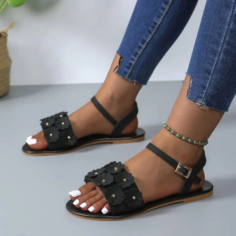 Floral Design Summer Flat Sandals for Ladies in Faux Leather