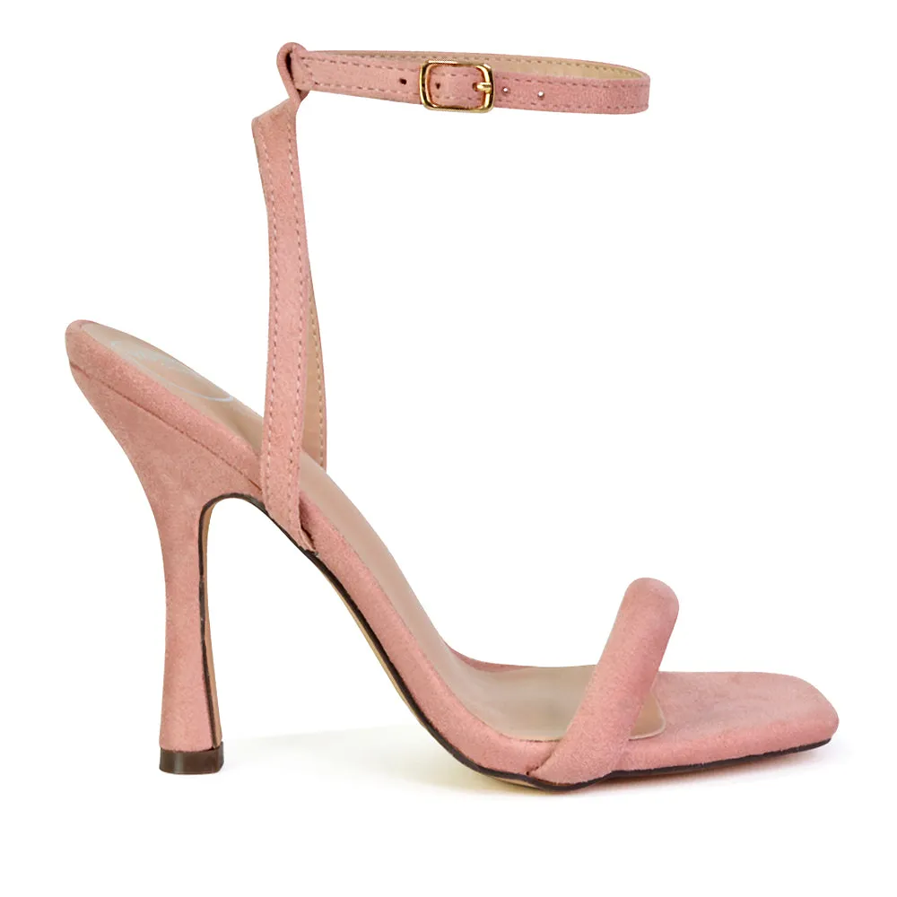 Greta Strappy Square Toe Barely There Stiletto High Heels in Pink