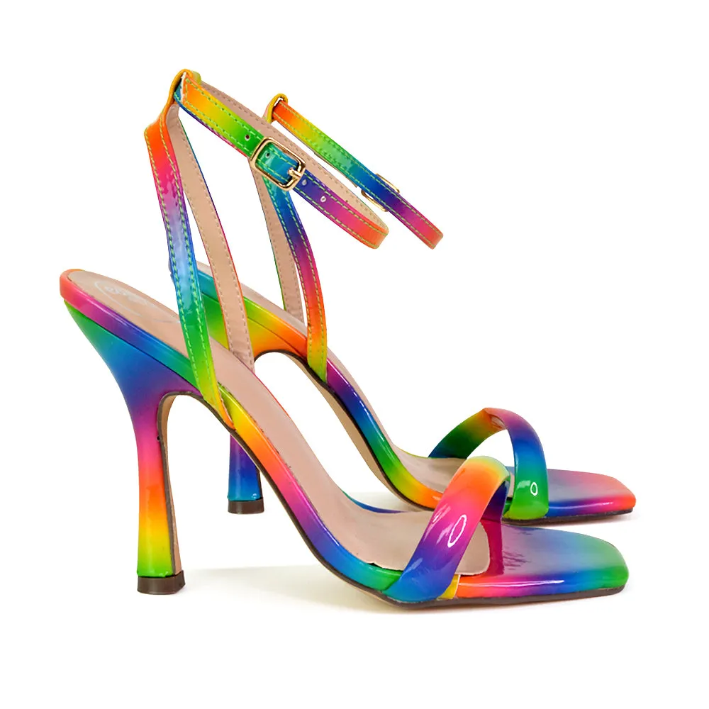 Greta Strappy Square Toe Barely There Stiletto High Heels in Pink