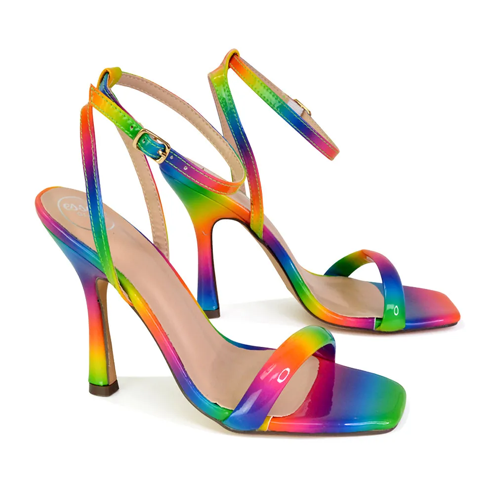 Greta Strappy Square Toe Barely There Stiletto High Heels in Pink