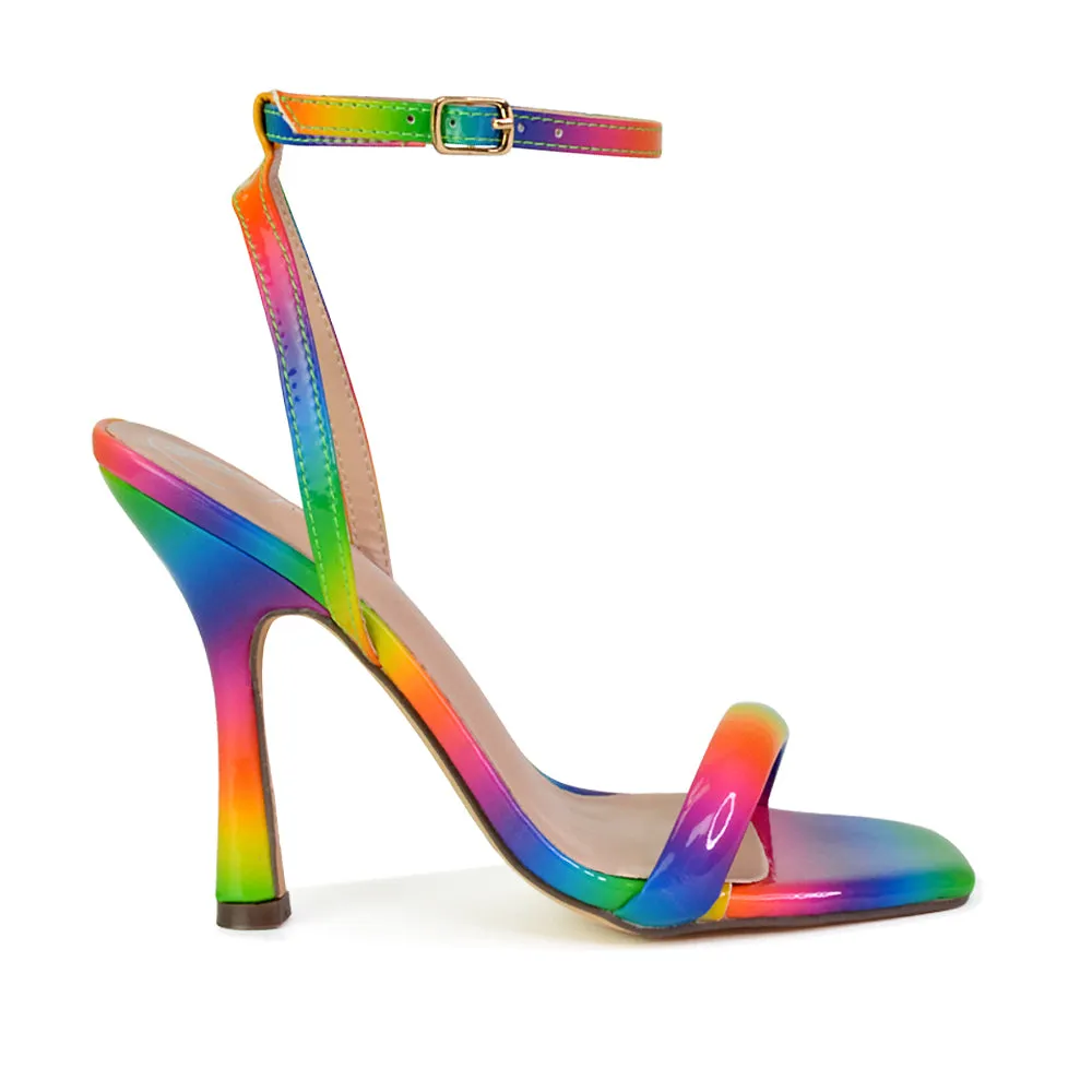 Greta Strappy Square Toe Barely There Stiletto High Heels in Pink