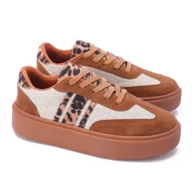 Lace-Up Leopard Suede Sneaker-Camel