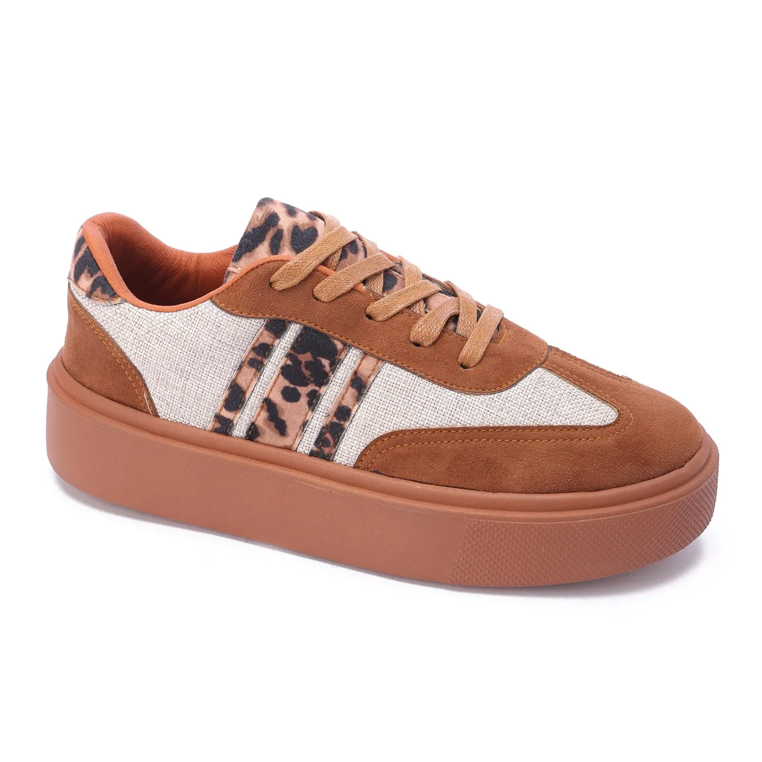 Lace-Up Leopard Suede Sneaker-Camel