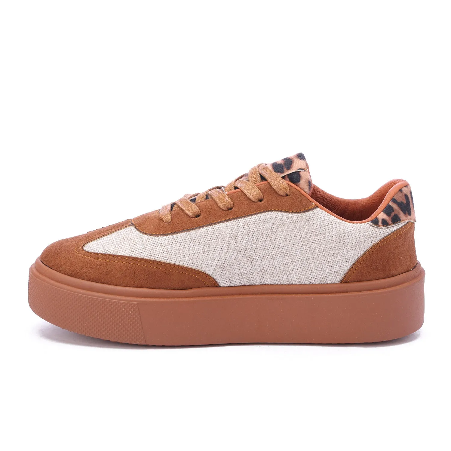 Lace-Up Leopard Suede Sneaker-Camel