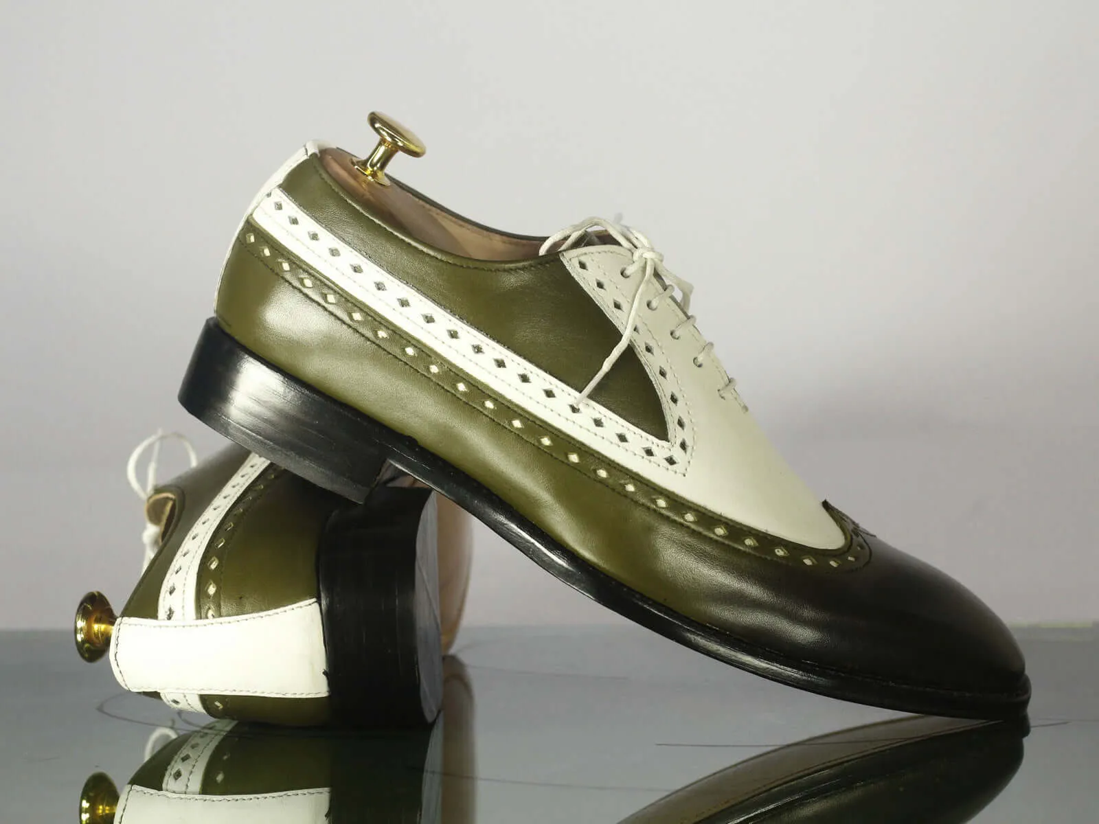 New Stylish Handmade Men's White Green Wing Tip Leather Shoes, Men Designer Dress Shoes